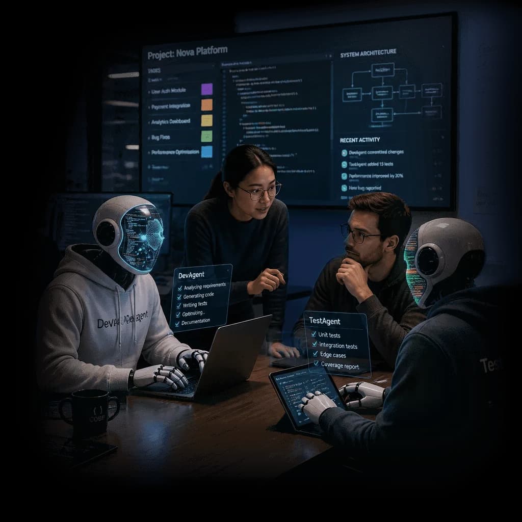 Célula de ingeniería de Newsoft colaborando con IA en una plataforma a la medida