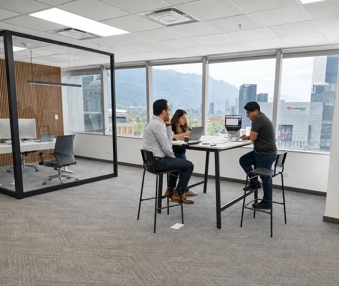 Equipo de Newsoft trabajando en las oficinas de Valle Oriente, Monterrey, con vista a la sierra