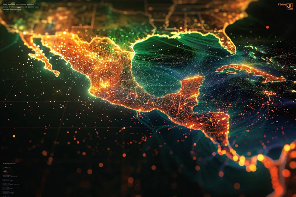 Mapa de Mexico de noche, con conexiones tecnológicas entre estados con adopción de IA