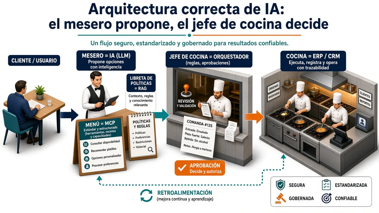 Ejemplo metafórico de un agentic de IA como si fuera un restaurante