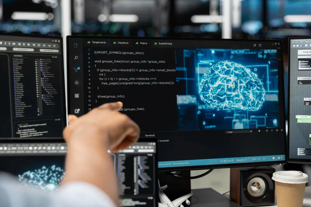 Una pantalla con código generado por IA por agentes de coding y un ingeniero revisándolo